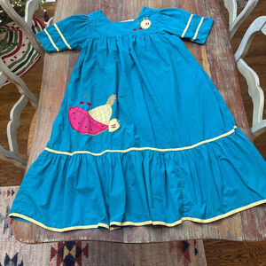 Women's Vintage PHASES Teal Yellow Fruit Print Maxi Dress Medium